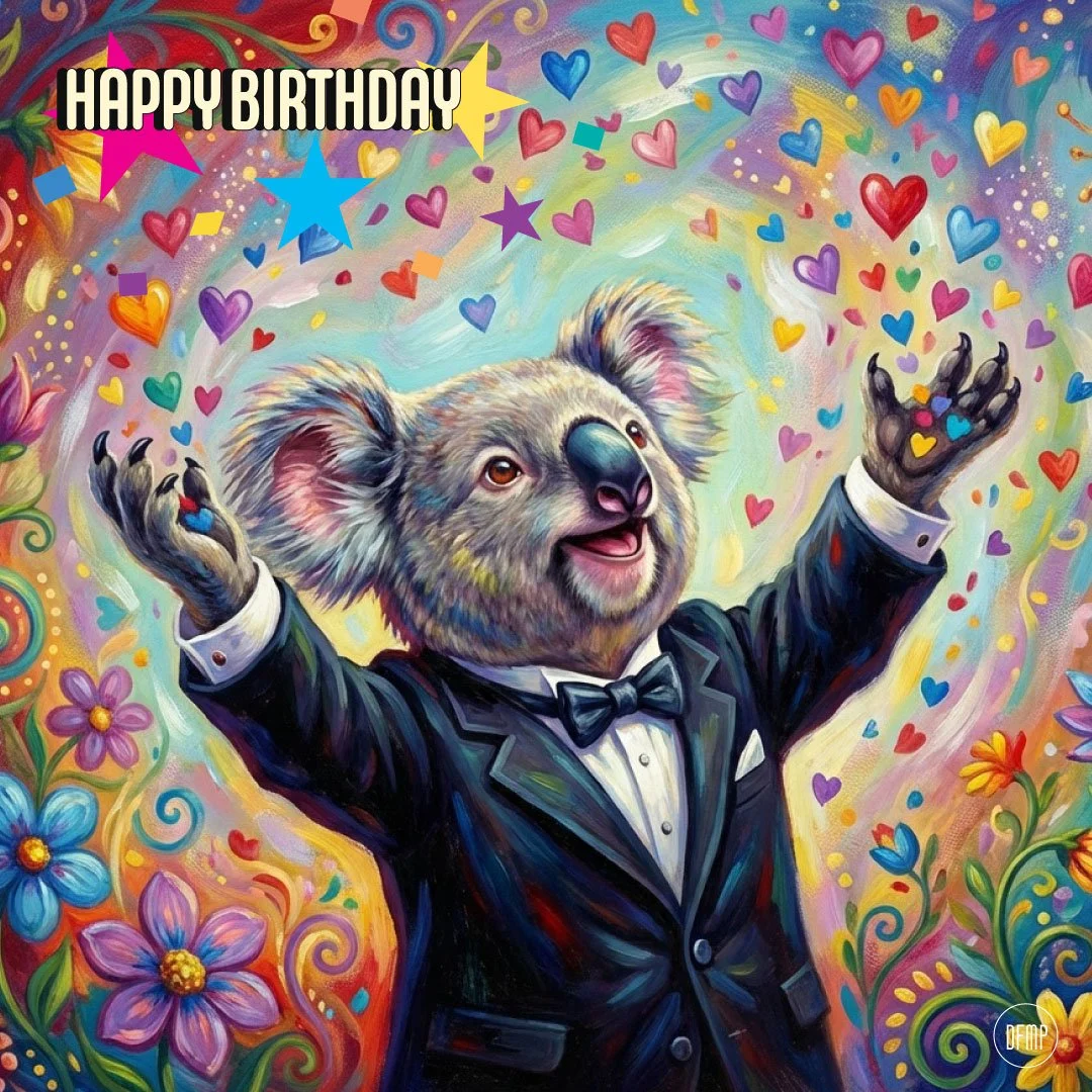Bright happy birthday postcard featuring a joyful koala in a tuxedo surrounded by colourful hearts and flowers