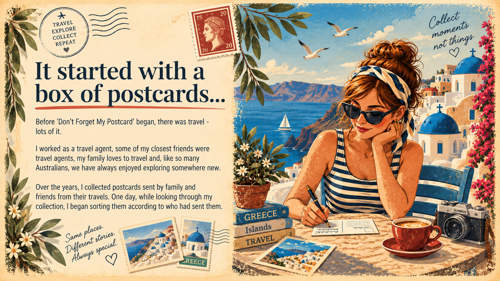 Vintage-style travel illustration telling the origin of Don’t Forget My Postcard®, featuring a woman writing a postcard in Santorini, Greece, surrounded by postcards, travel books, a camera and coastal scenery