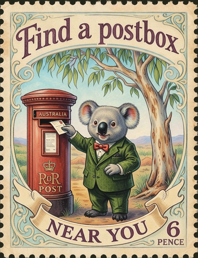 A photo of koala posting a postcard