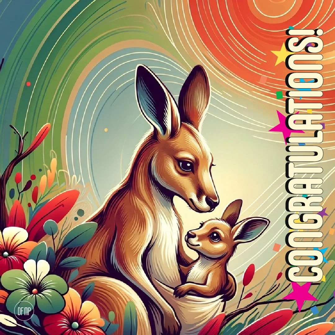 Illustrated congratulations card featuring a kangaroo and joey surrounded by flowers in a warm colourful artistic style