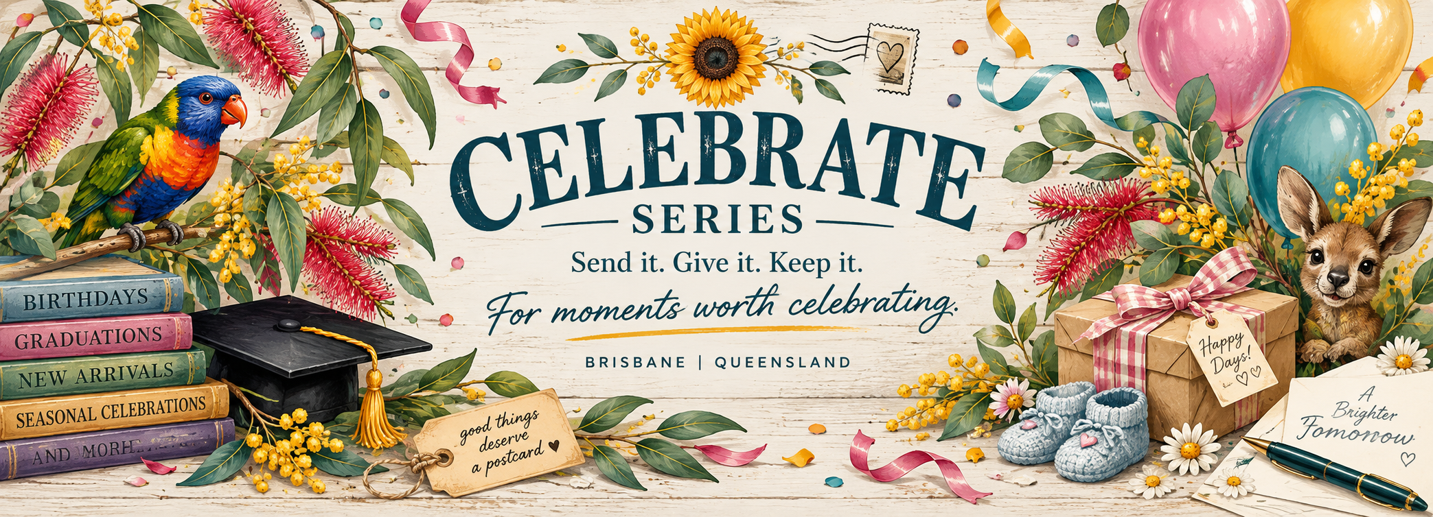 Vintage-style Celebrate Series banner featuring a rainbow lorikeet, kangaroo, Australian native flowers, gifts and graduation and new-arrival details, representing moments worth celebrating.