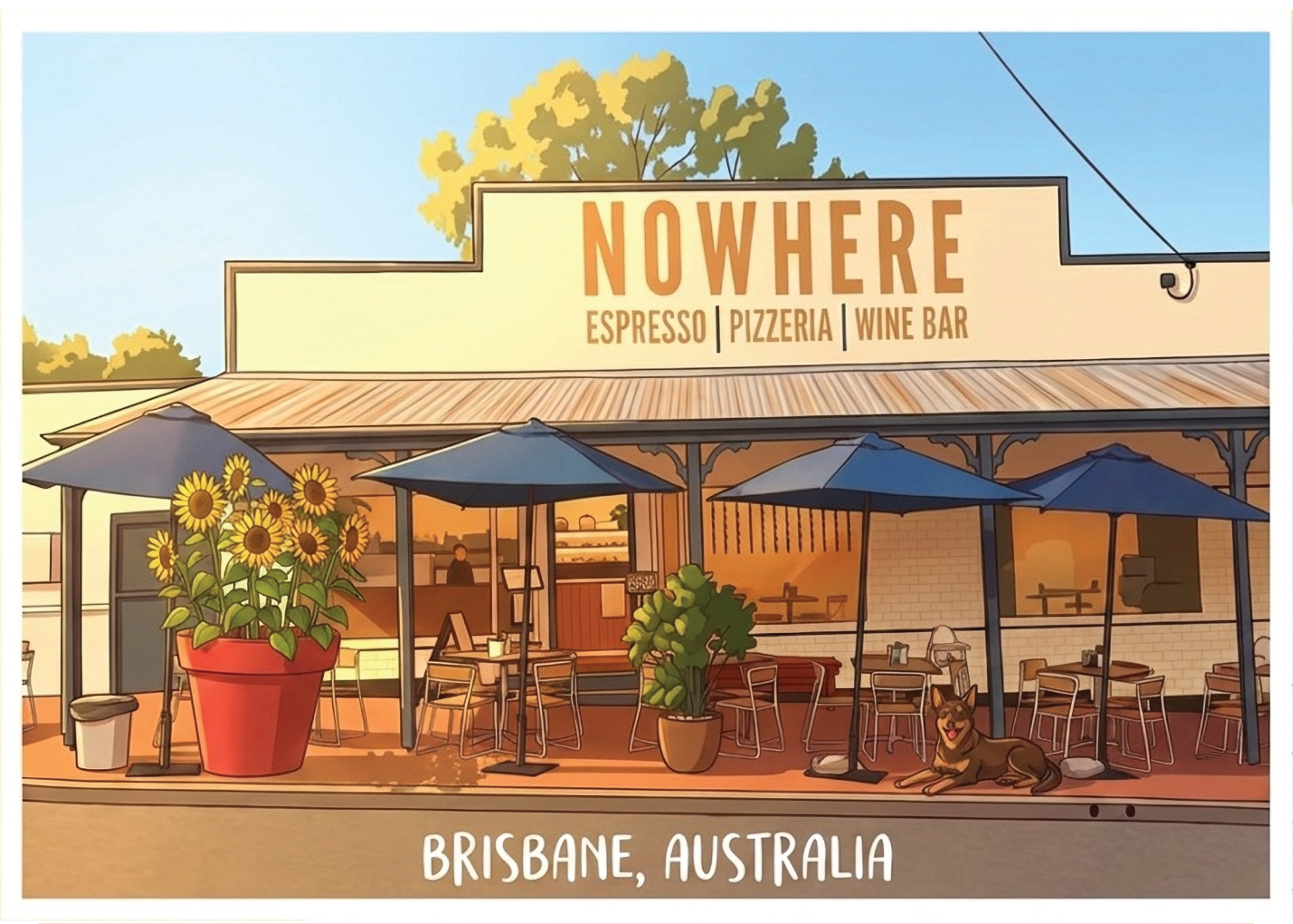 illustrated Brisbane café postcard featuring Cafe Building with kelpie dog lounging outside Nowhere Espresso