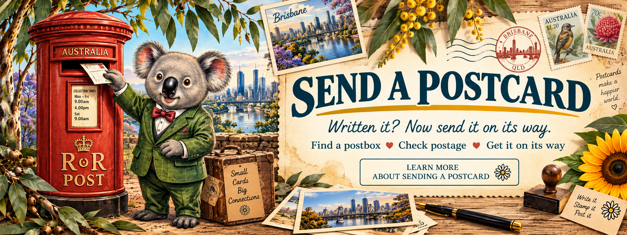 Vintage-style Send a Postcard banner featuring Kev Koala posting a postcard in a red Australian postbox, with Brisbane scenery, eucalyptus and postal-themed details.