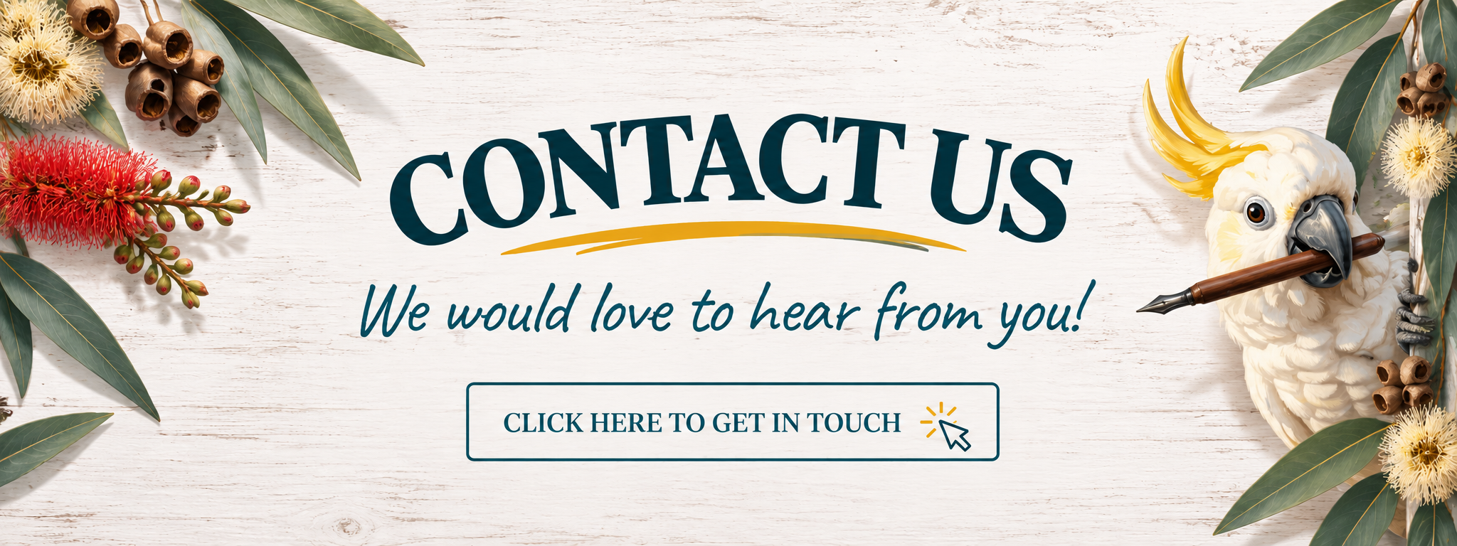 Contact Us banner on whitewashed timber with Australian native flowers and a sulphur-crested cockatoo peeking from the side holding a pen