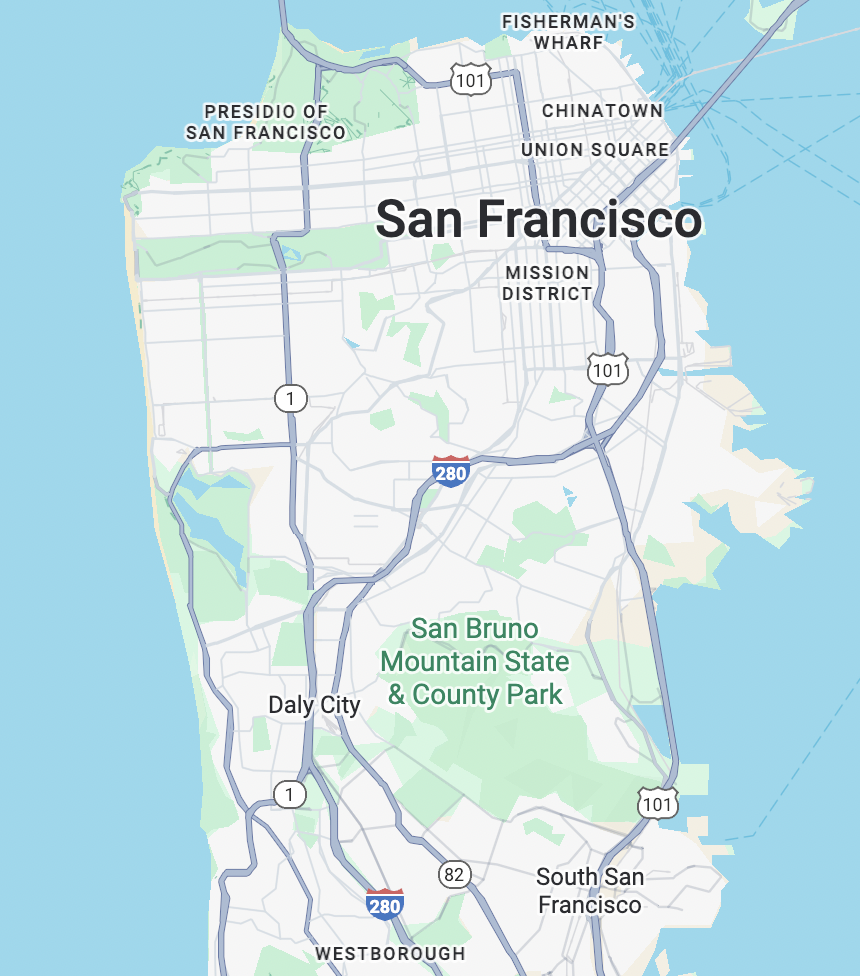 Map of San Francisco, California, showing neighborhoods, major highways, parks, and nearby areas.
