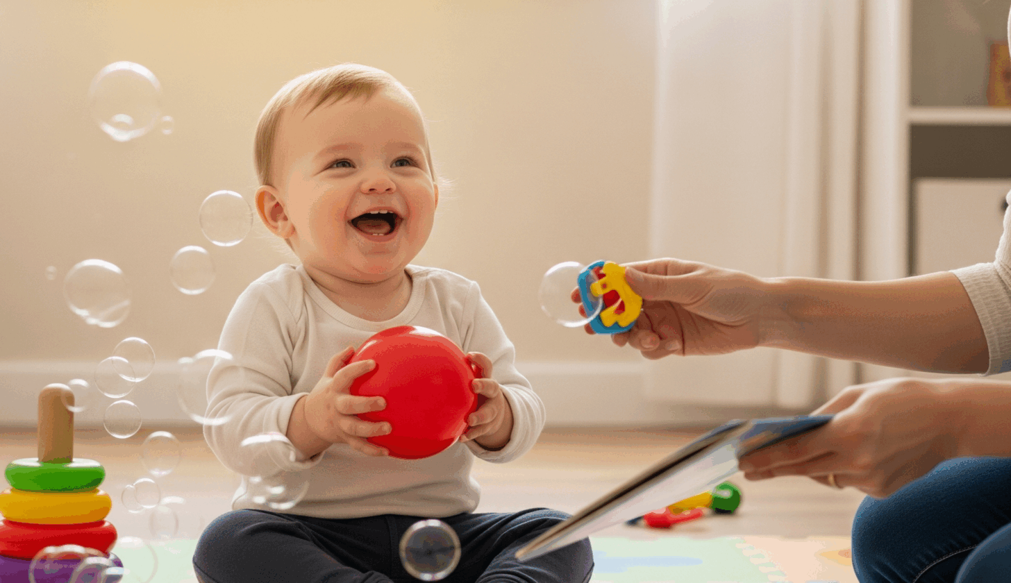 A smiling toddler holding a red ball, while an adult offers a colorful teething toy. The scene is indoors with soft lighting.