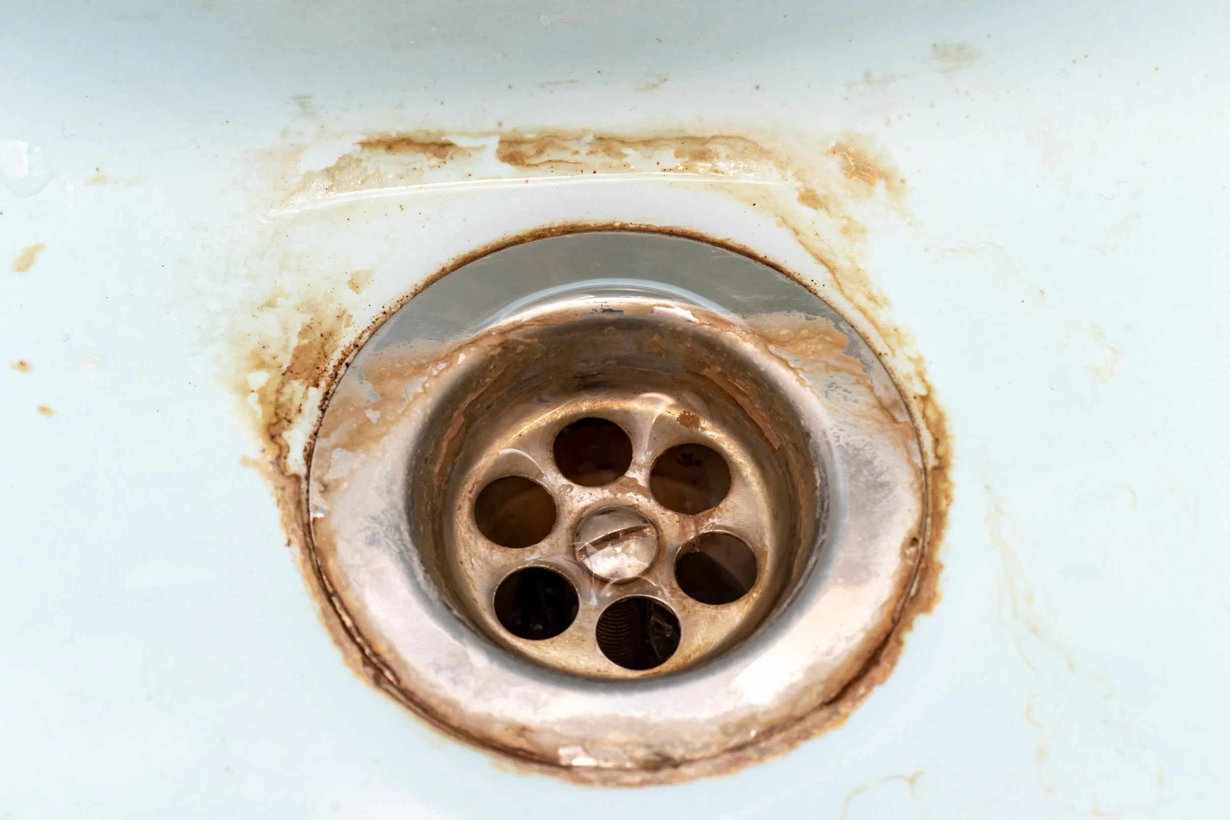 Close-up of a sink drain with rust and grime buildup around the metal drain.