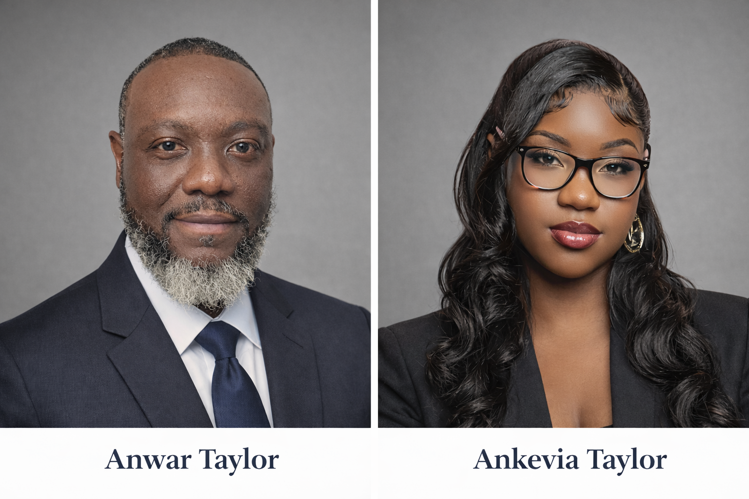 Side-by-side portrait photographs of Anwar Taylor and Ankevia Taylor against a gray background. Anwar Taylor is a middle-aged man with a gray beard and hair, wearing a dark suit, white shirt, and navy blue tie. Ankevia Taylor is a young woman with long, wavy black hair, wearing glasses, earrings, and a black blazer.