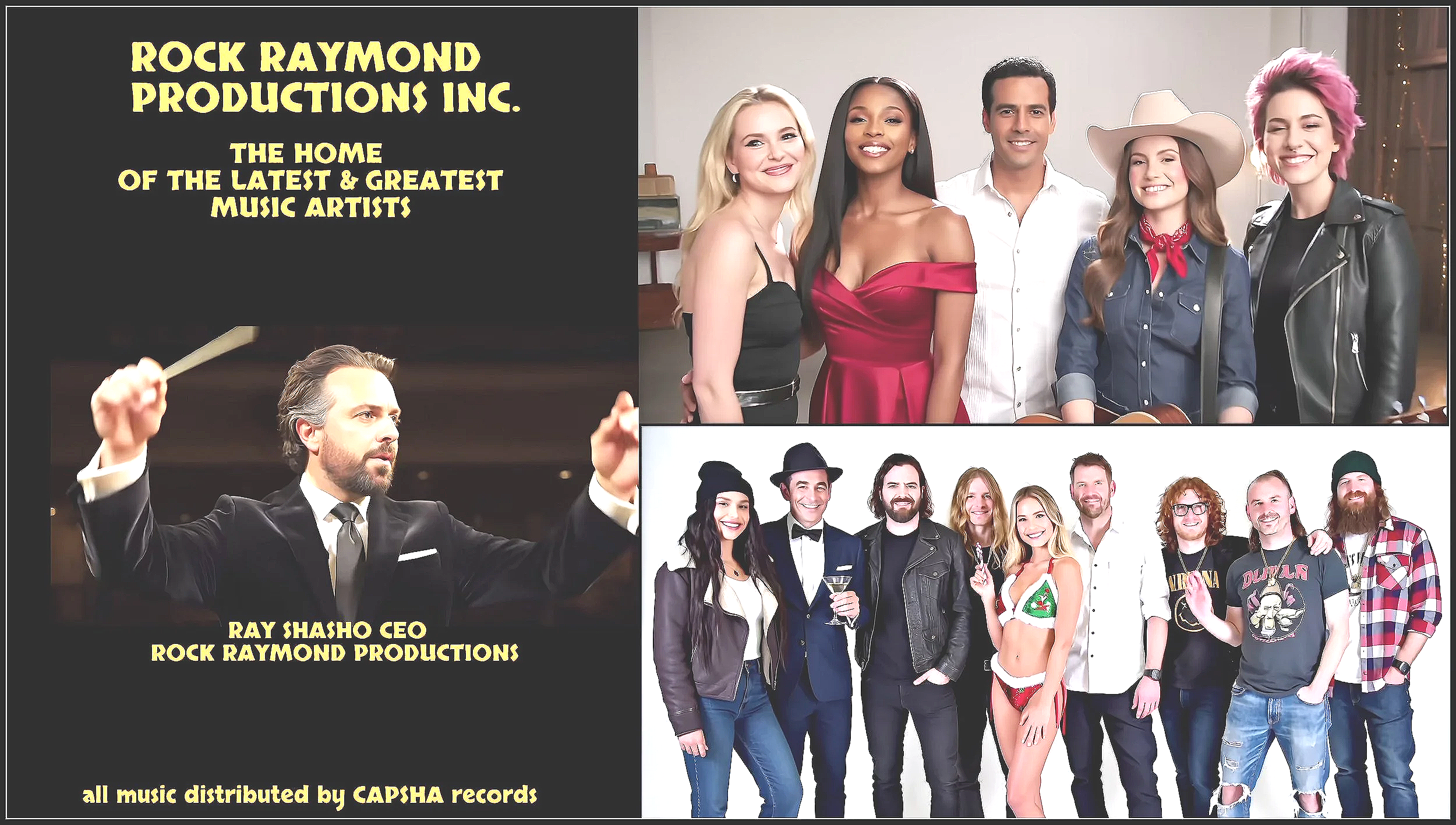 Promotional poster for Rock Raymond Productions Inc. featuring a group of five musicians on the top right, a conductor in a tuxedo on the bottom left, and another group of six musicians on the bottom right, with text indicating the company's focus on music and distribution.