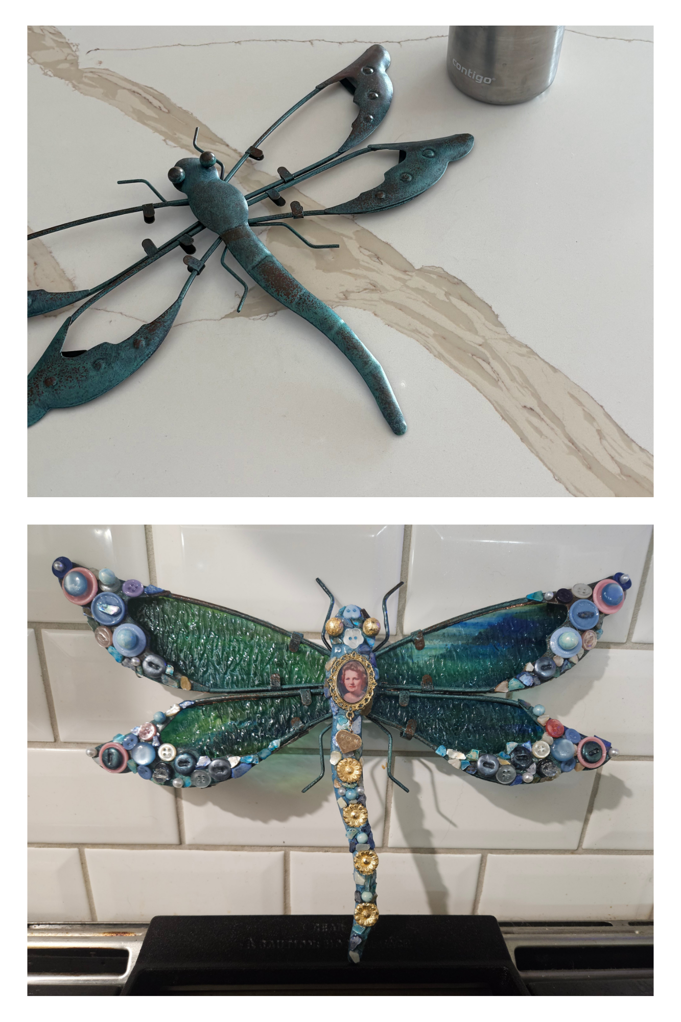 Two decorative dragonfly sculptures, one metallic and rustic in the top image and the other colorful and embellished with buttons and buttons, in the bottom image.