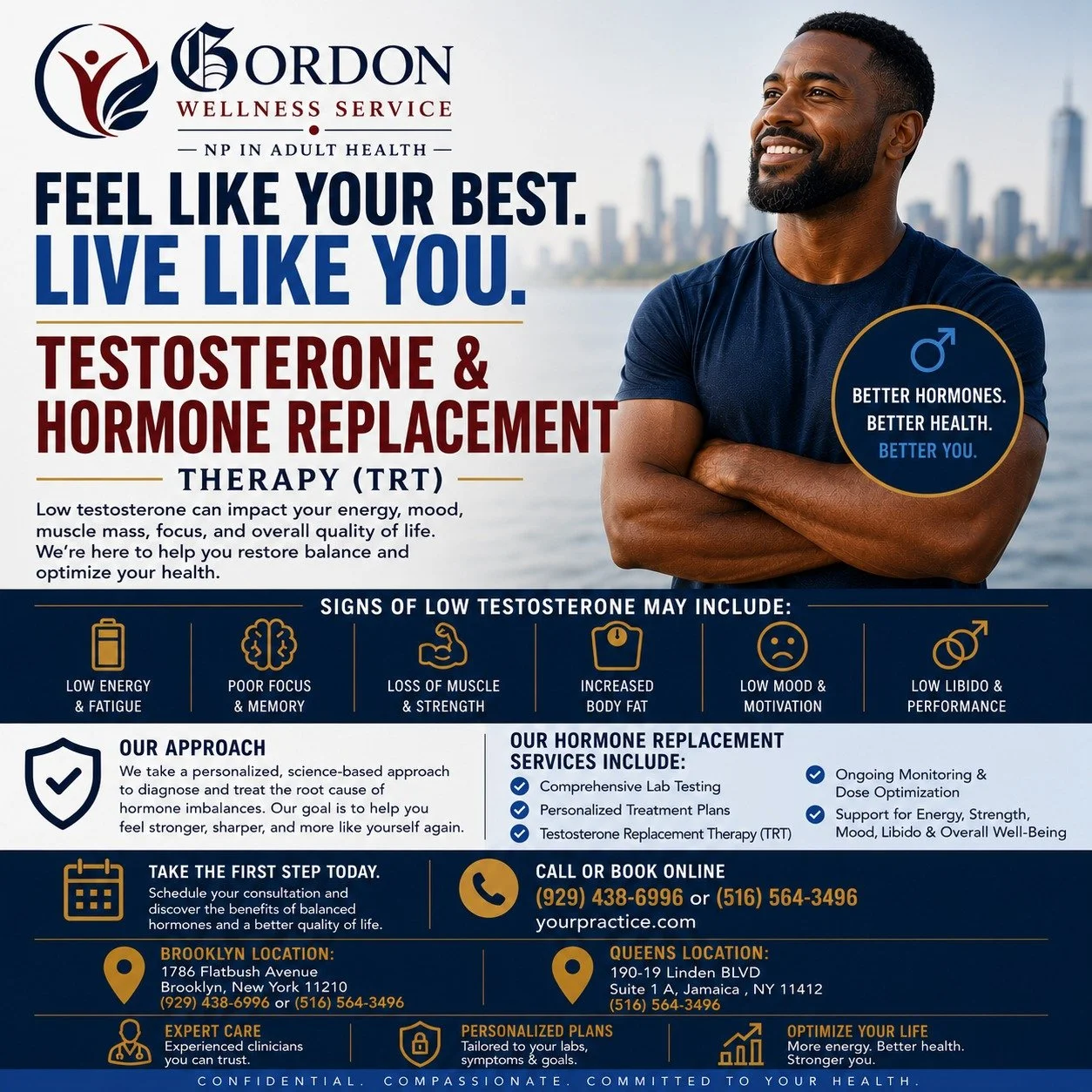 Rodrico Gordon NP In Adult Health PLLC d/b//a GORDON WELLNESS SERVICE

Restore Your Energy and Vitality with Testosterone Hormone Replacement Therapy

--Low testosterone can affect energy levels, mood, muscle mass, libido, and overall quality of life