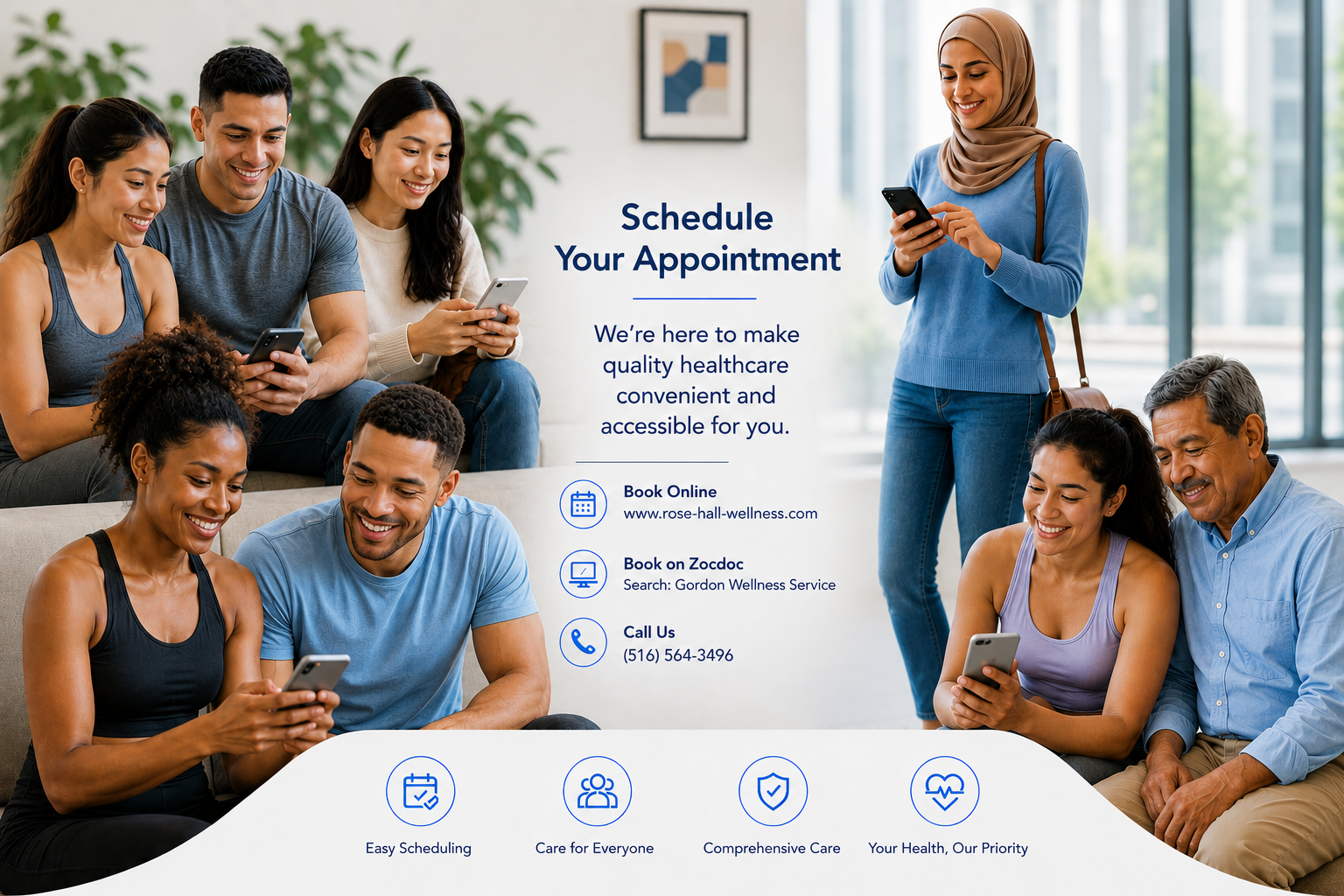 Group of diverse people using smartphones in a waiting area, promoting scheduling healthcare appointments with website, Zocdoc, and contact info. Text emphasizes making healthcare accessible.