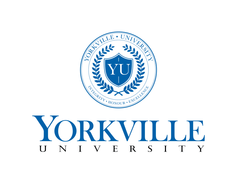 Yorkville University logo featuring a shield with the initials 'YU' surrounded by a laurel wreath, with the words 'Integrity, Honour, Exellence' and 'Yorkville University' encircling it, and the university's name written below.