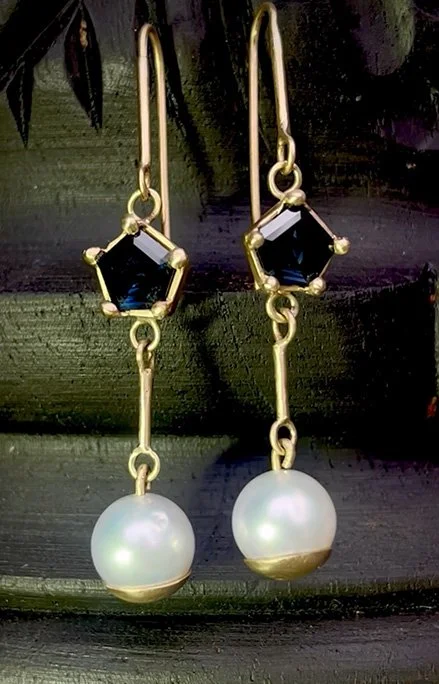 Repurposed hand made earrings from recycled gold and clients own South Sea Pearls. 