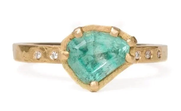 Carezza meaning  "affection" Hand cut Torrington Emerald and Diamonds, recycled 18ct Yellow Gold. 