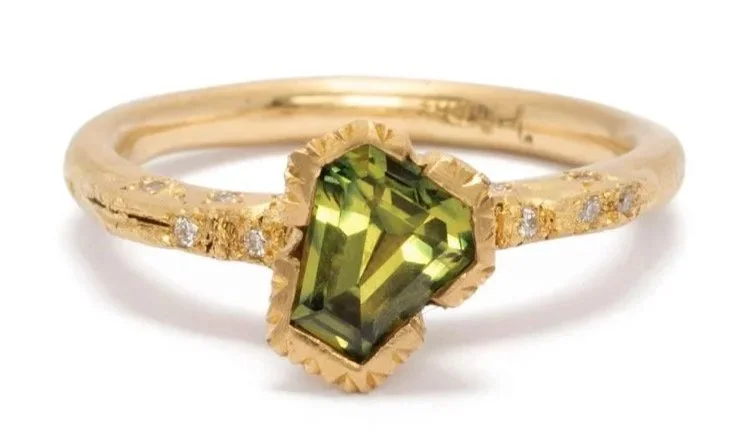 Mira meaning "Sea" Ring. Hand cut Australian Sapphire, Diamonds & 18ct recycled Yellow Gold. 