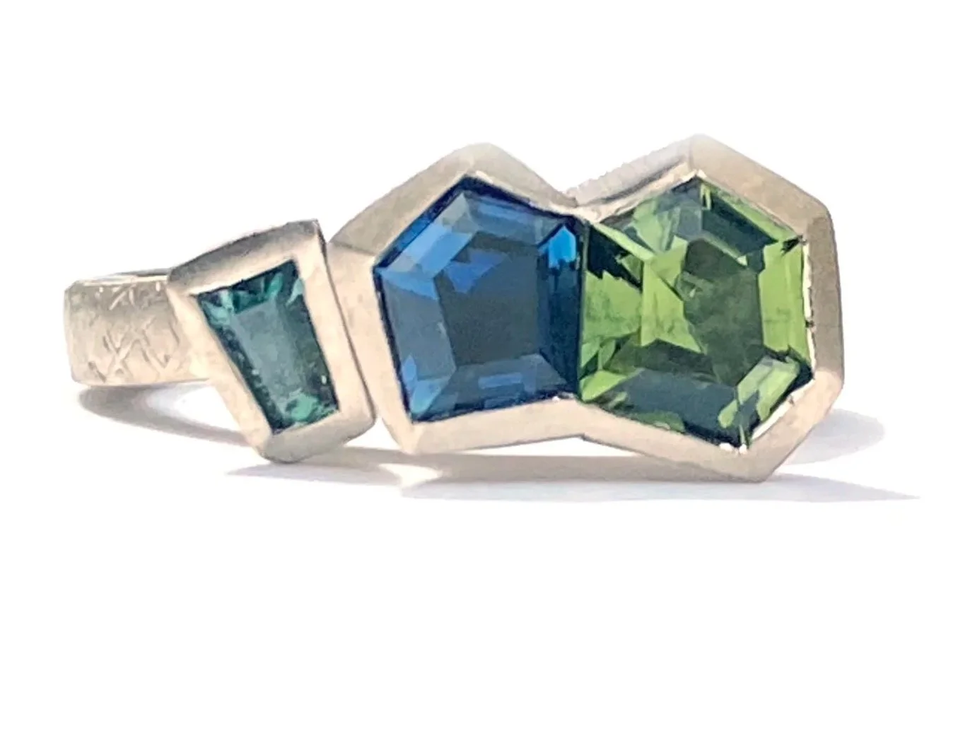 Textura Duo Bezel Ring. Hand cut Australian Sapphires & Recycled 18ct White Gold.