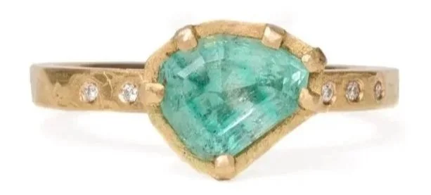 Carezza meaning  "affection" Hand cut Torrington Emerald and Diamonds, recycled 18ct Yellow Gold. 