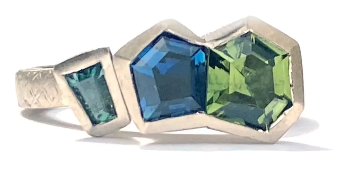 Textura Duo Bezel Ring. Hand cut Australian Sapphires & Recycled 18ct White Gold.