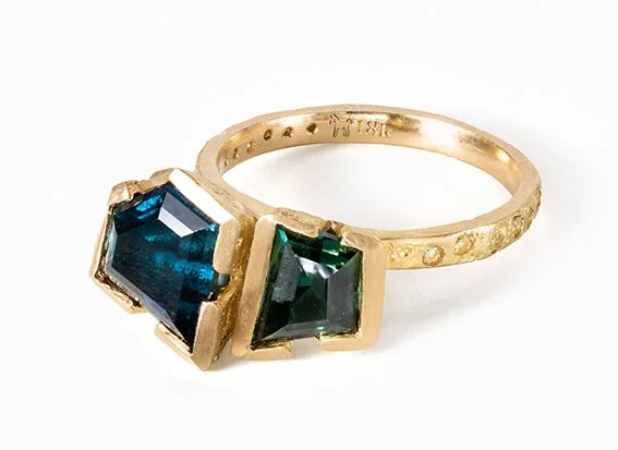 Hand made custom engagement ring. Hand cut Australian Sapphires, yellow Diamonds & Recycled 18ct Yellow Gold. 