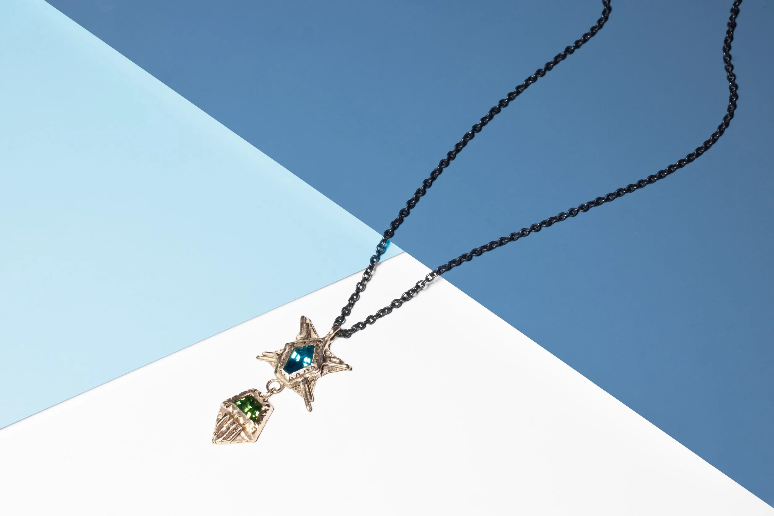 Hand cut Australian Sapphires and recycled gold pendant. 