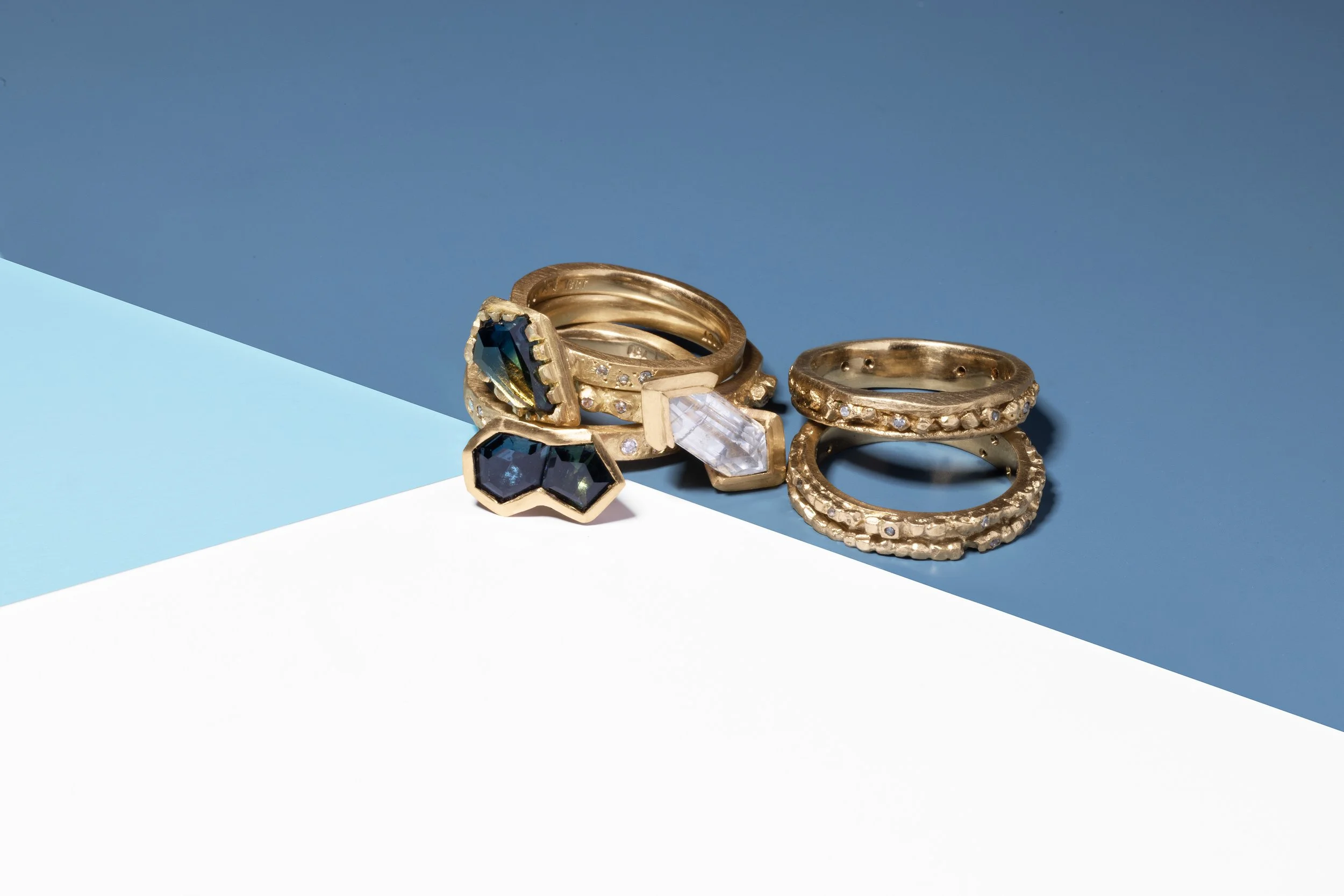 Hand made rings from recycled gold and Australian gems
