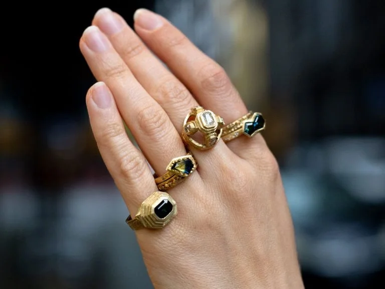 Georgie Brooks & Juan Castro hand made gold rings and hand cut gemstones
