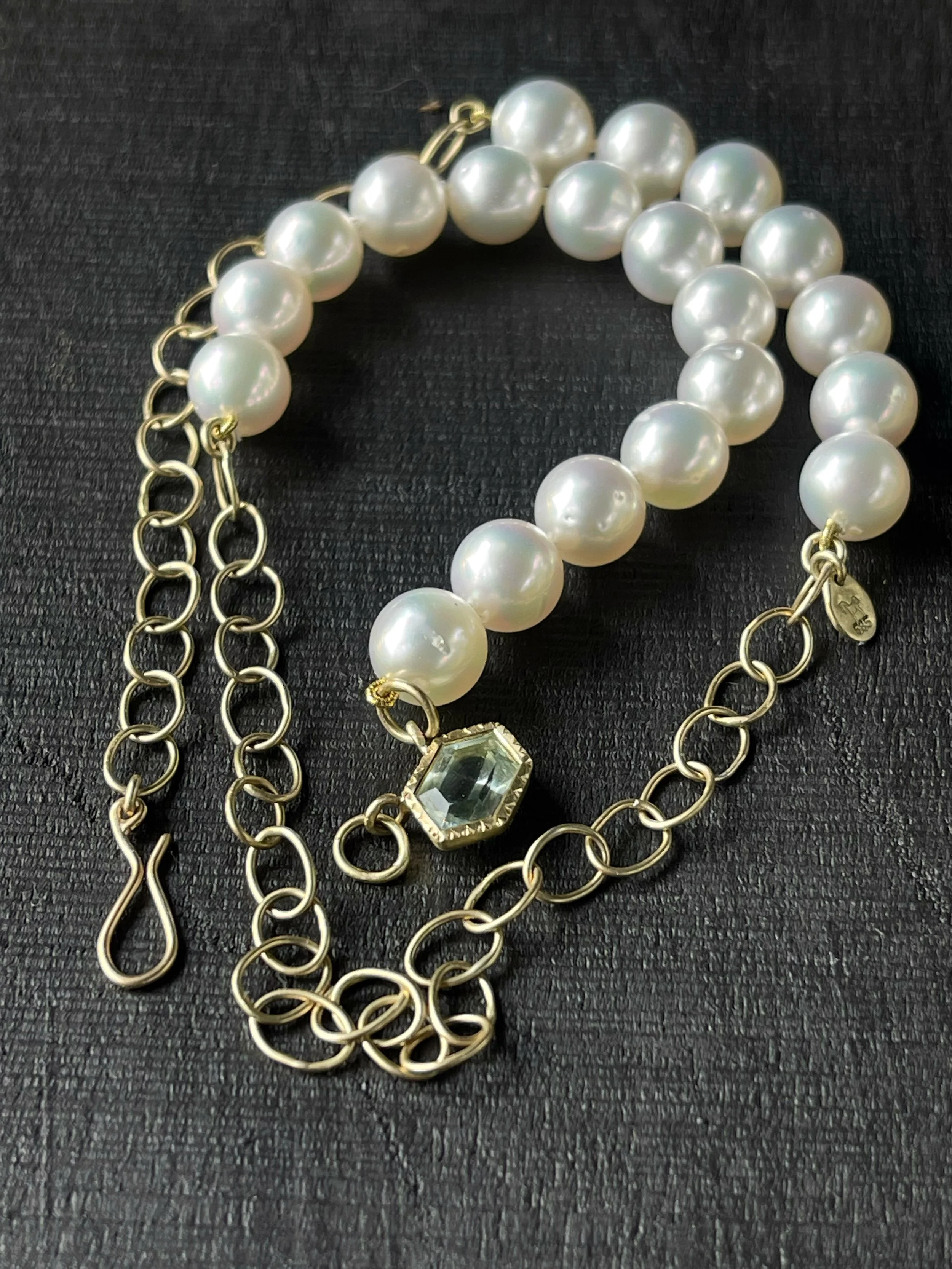 South Sea Pearls and hand made chain necklace with an Aquamarine