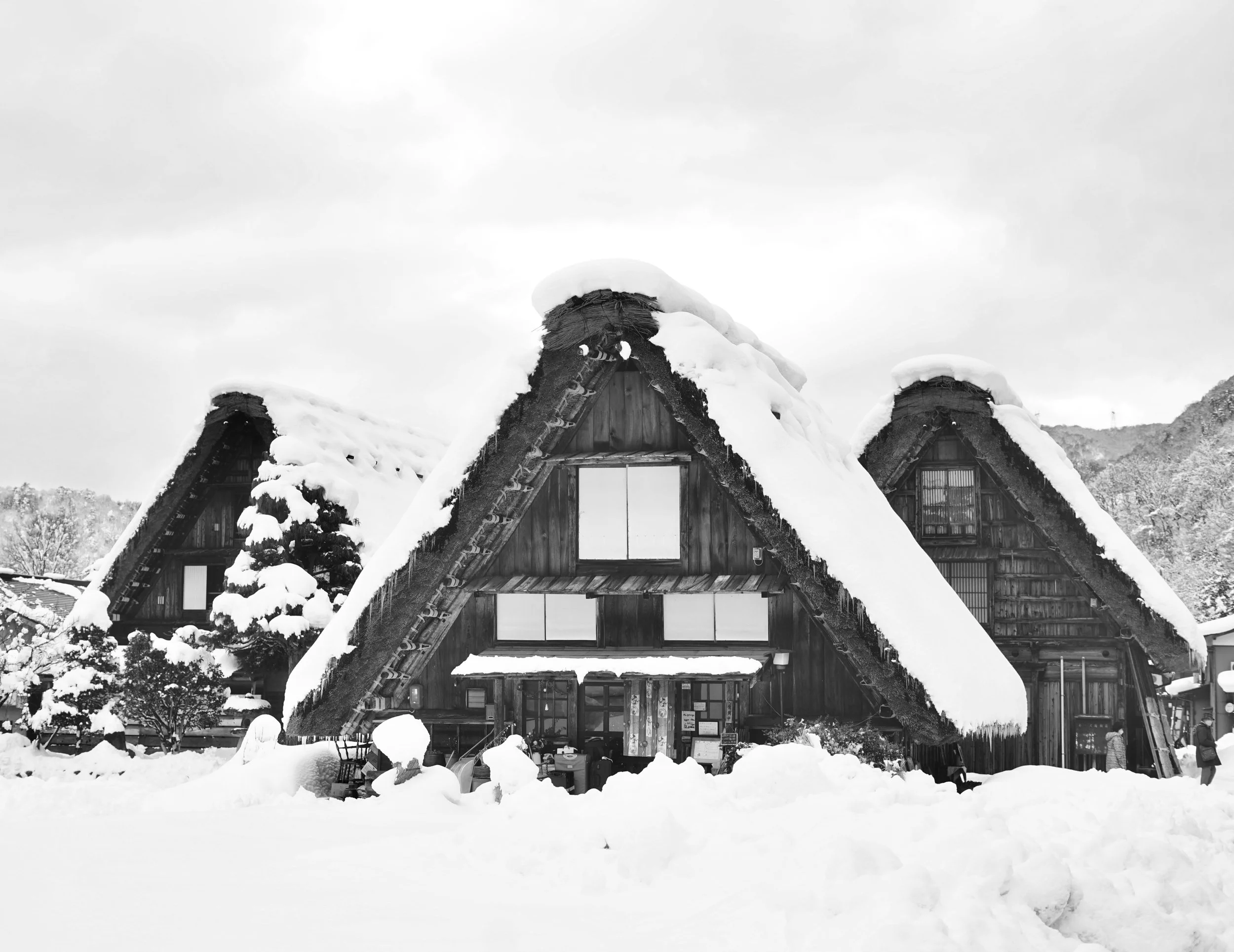 Traditional Japanese Gassho-style thatched-roof house covered in snow, with snow-laden trees in the background and snow on the ground.