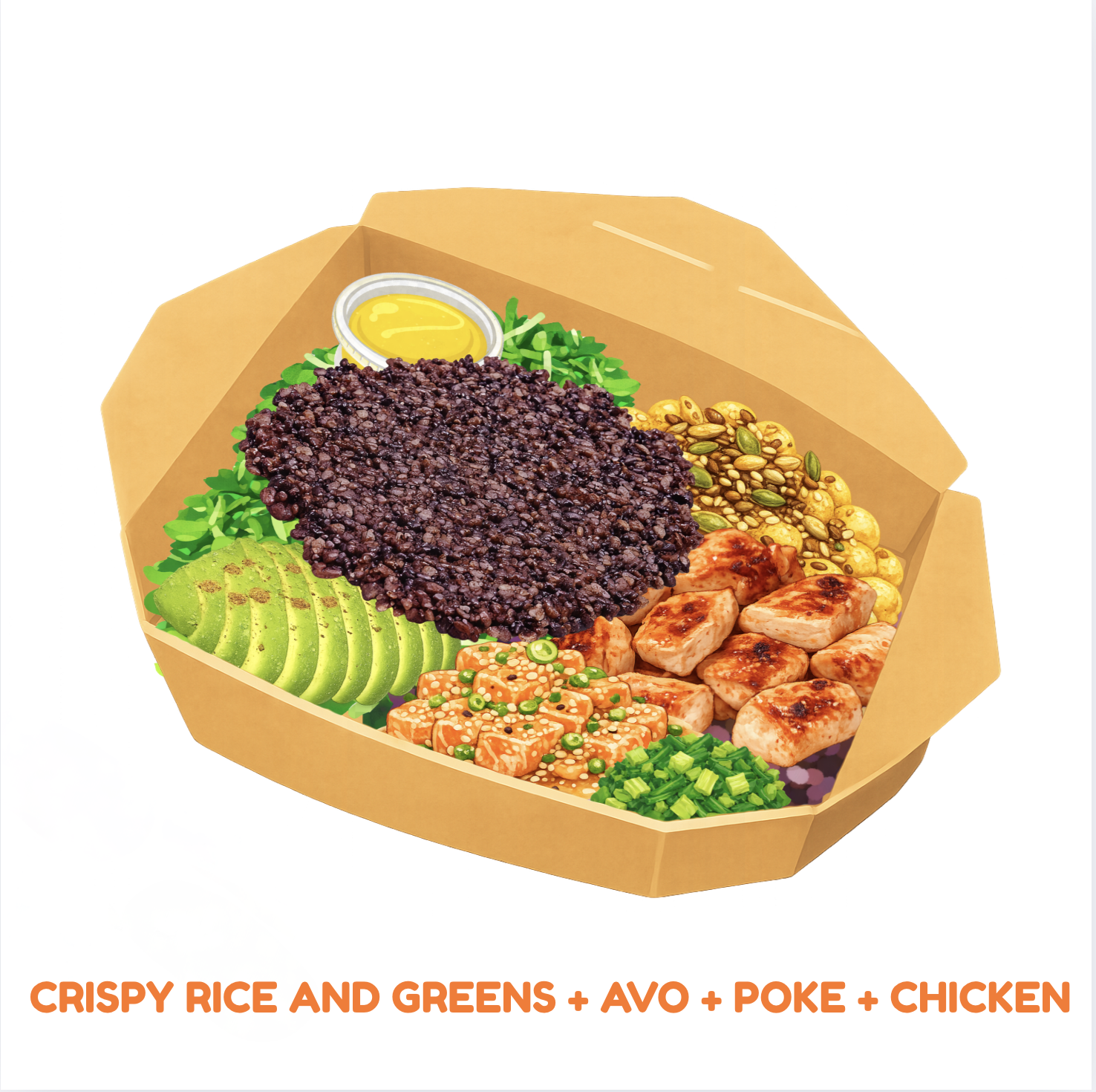 A takeout box containing crispy rice, greens, avocado slices, poke, grilled chicken pieces, and mixed seeds and grains, with a small container of oil or sauce on top
