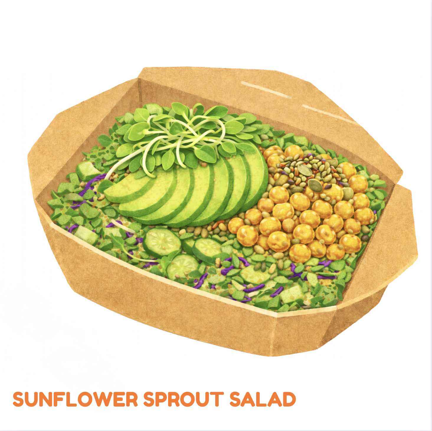 Sunflower sprout salad with avocado slices, chickpeas, cucumber, sprouts, and mixed greens in a brown paper bowl.