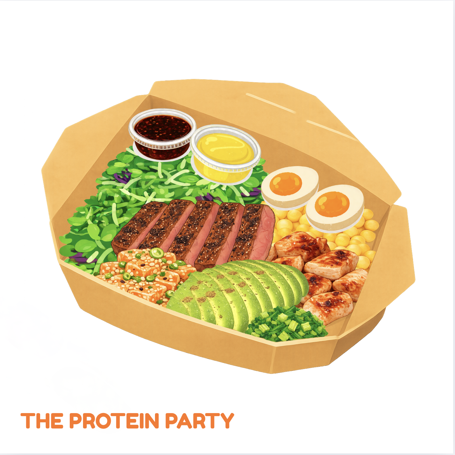 A protein-based meal in a takeout container with sliced steak, marinated salmon, grilled chicken, halved boiled eggs, sliced avocado, green onions, mixed greens salad, and two small containers of sauce with a label reading 'The Protein Party' in oran
