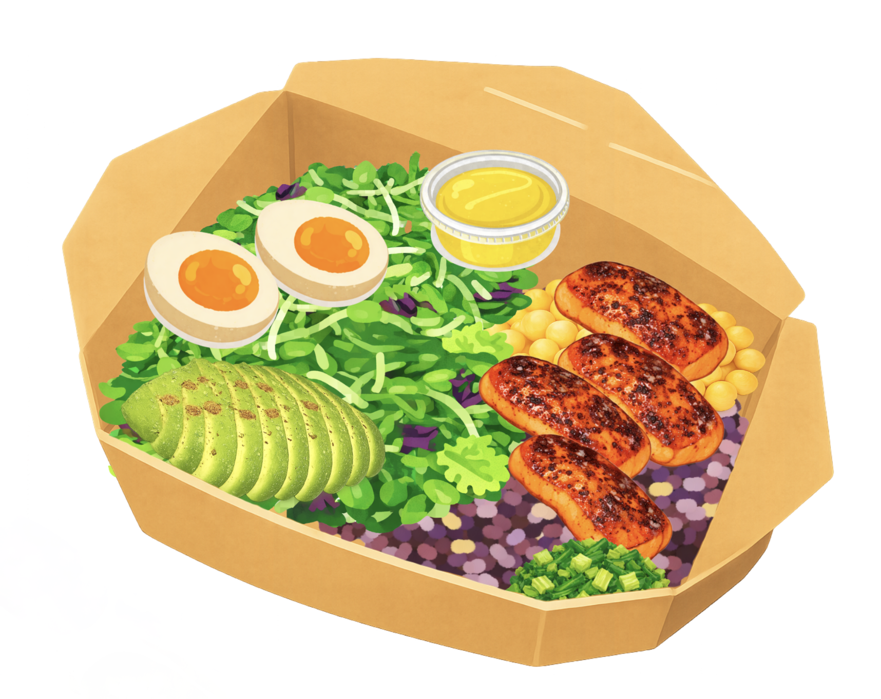 Salmon salad with soft boiled eggs, sliced avocado, mixed greens, yellow chickpeas, and dressing in a paper container