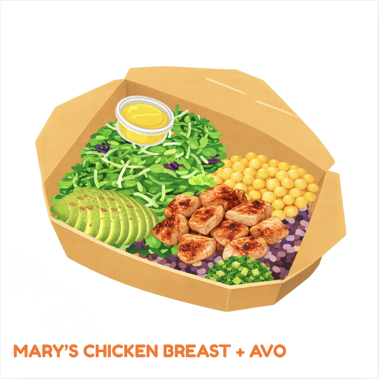 Salad bowl with grilled chicken pieces, sliced avocado, chopped green onions, a small container of yellow dressing, shredded lettuce, and chickpeas in a brown takeout container