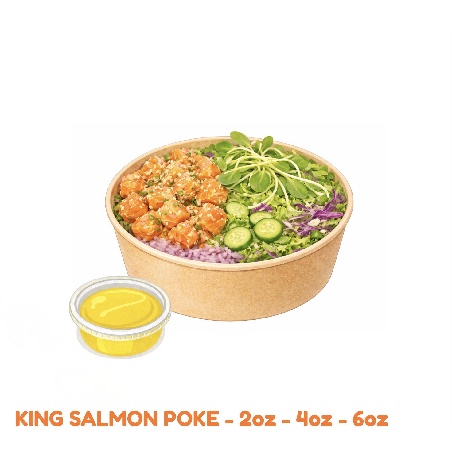 A bowl of king salmon poke with chopped salmon topped with sesame seeds, served with sliced cucumbers, shredded purple cabbage, and microgreens on a bed of purple rice, accompanied by a small container of yellow sauce.