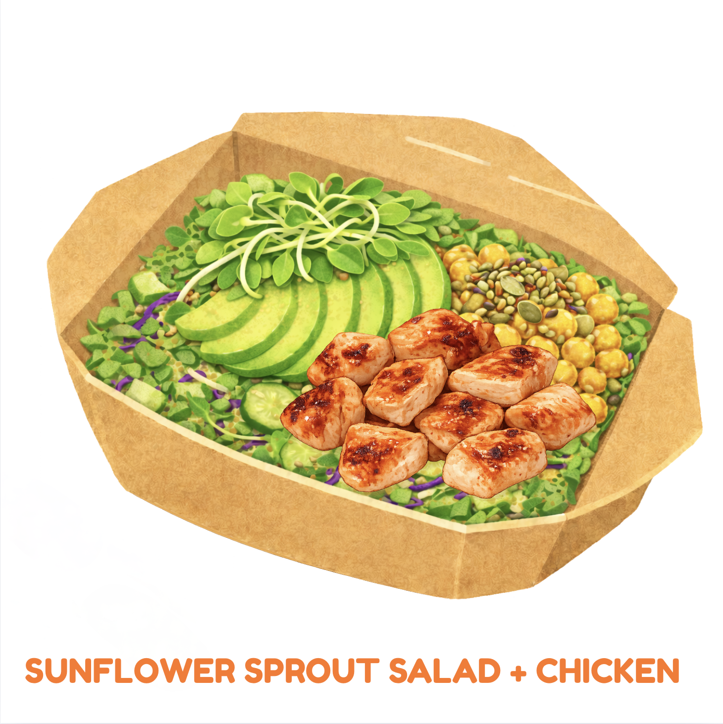 Salad with sliced avocado, sunflower sprout microgreens, shredded purple cabbage, diced cucumber, chickpeas, pumpkin seeds, and grilled chicken pieces in a cardboard bowl.