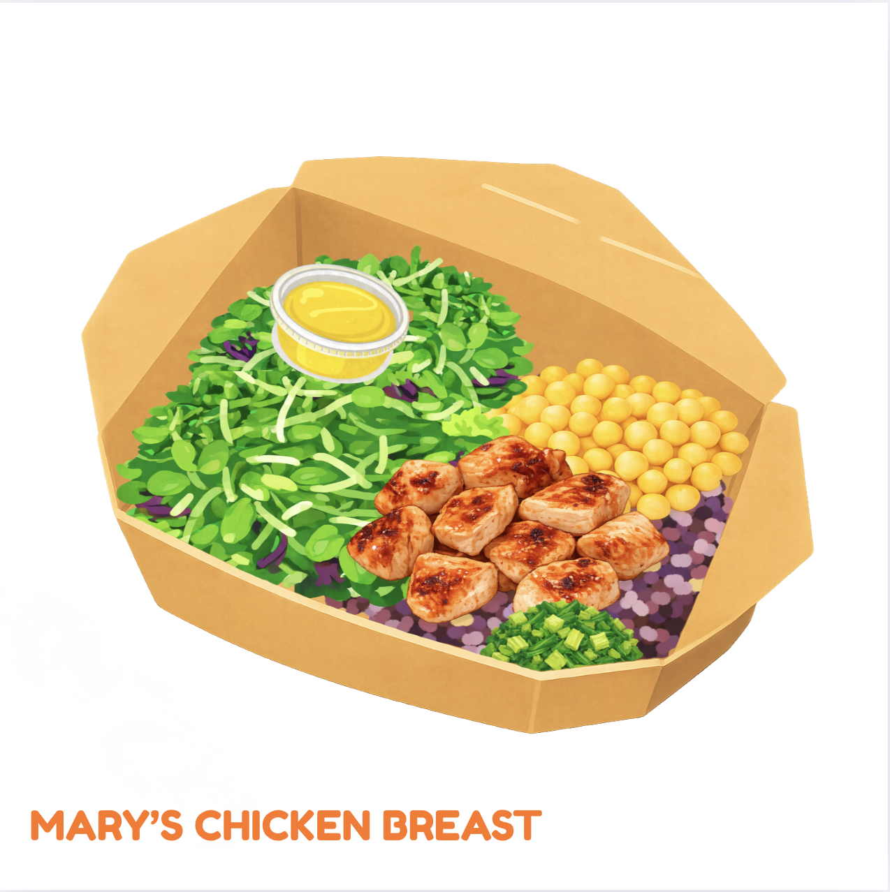 Salad with grilled chicken pieces, yellow peas, chopped green onions, a small bowl of dressing, and mixed greens in a takeout container