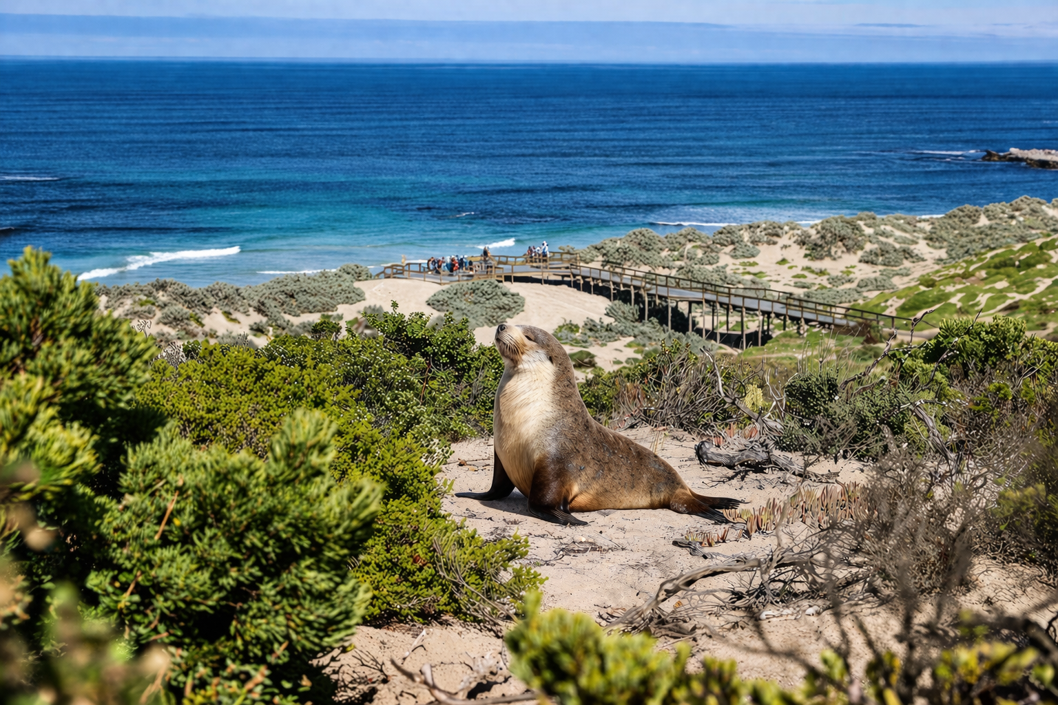 A Sea Lion at Seal Bay on Kangaroo Island with a boardwalk and the beach in the background
