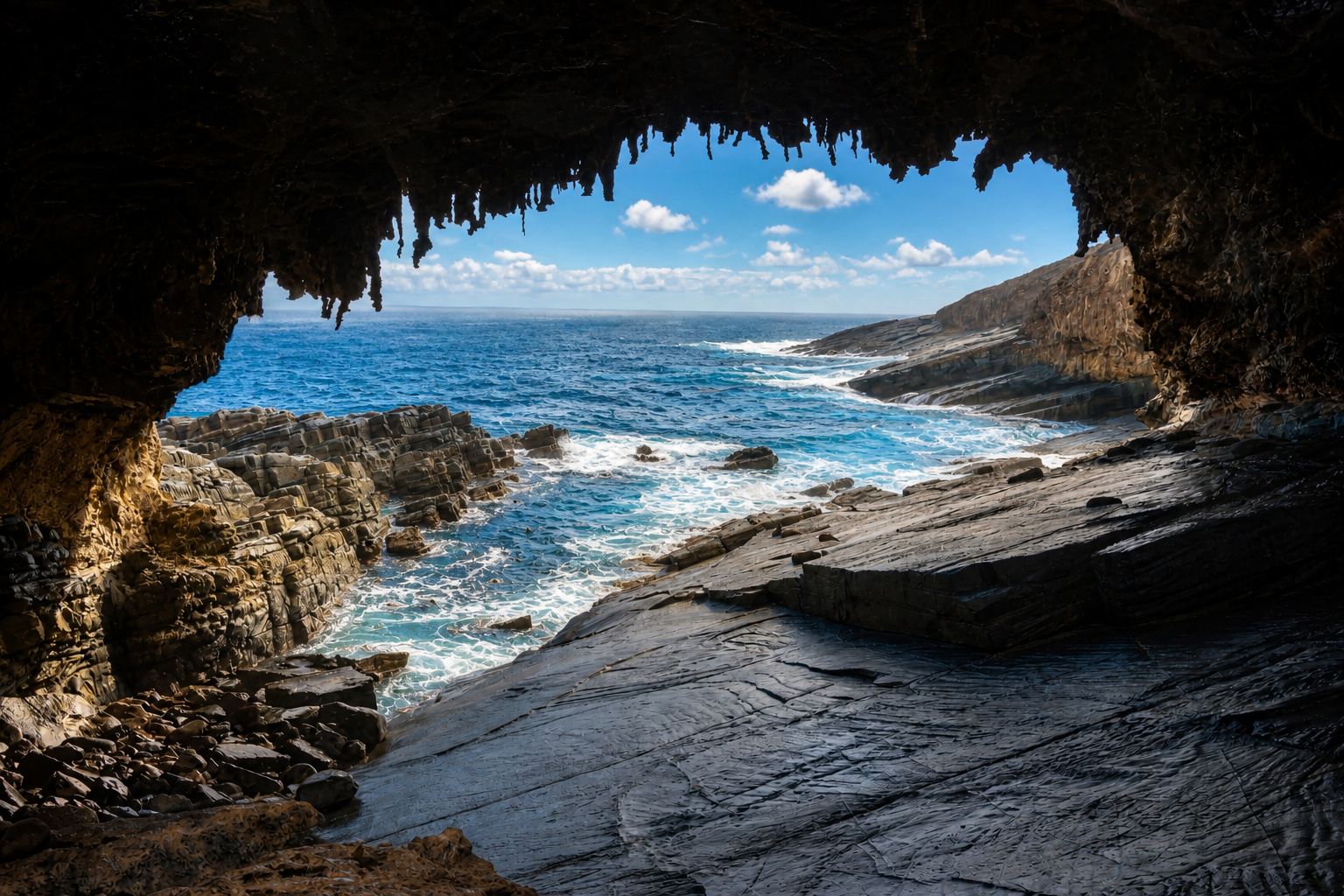 View of the ocean through a admirals arch on Kangaroo Island, with blue water, waves, and rocks in the distance under a partly cloudy sky.