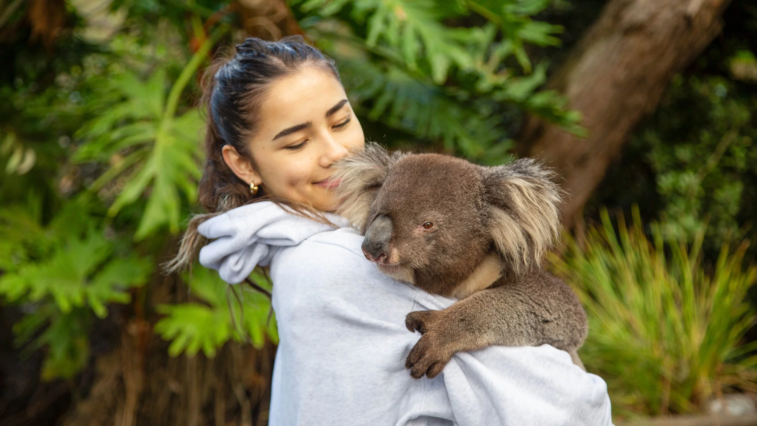 A woman holding a koala in a lush green outdoor setting at Kangaroo Island Wildlife Park.