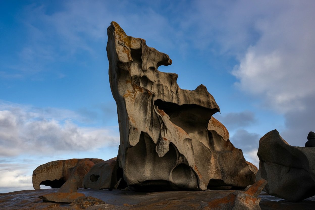 Large, jagged rock formation of Remarkable Rocks on Kangaroo Island with unique textures against a partly cloudy sky.