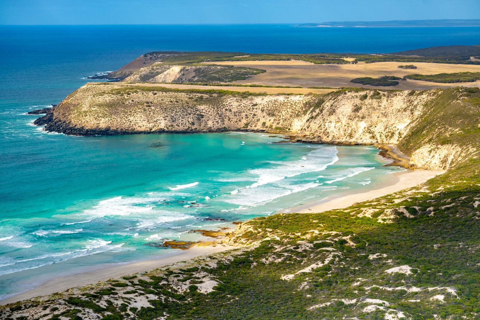 Coastal cliffs with sandy beach, turquoise water, and vegetation in a scenic landscape  on Kangaroo Island.