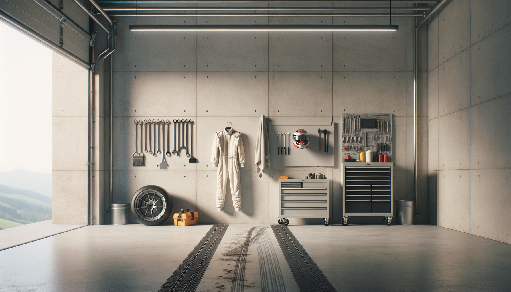 Empty automotive garage with racing gear, tools, and equipment organized on the wall and on tool carts.