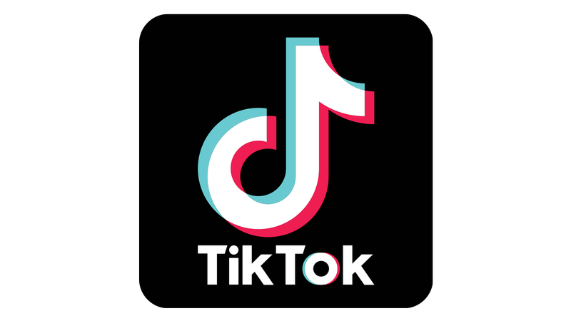 TikTok logo with the word TikTok underneath on a black background.