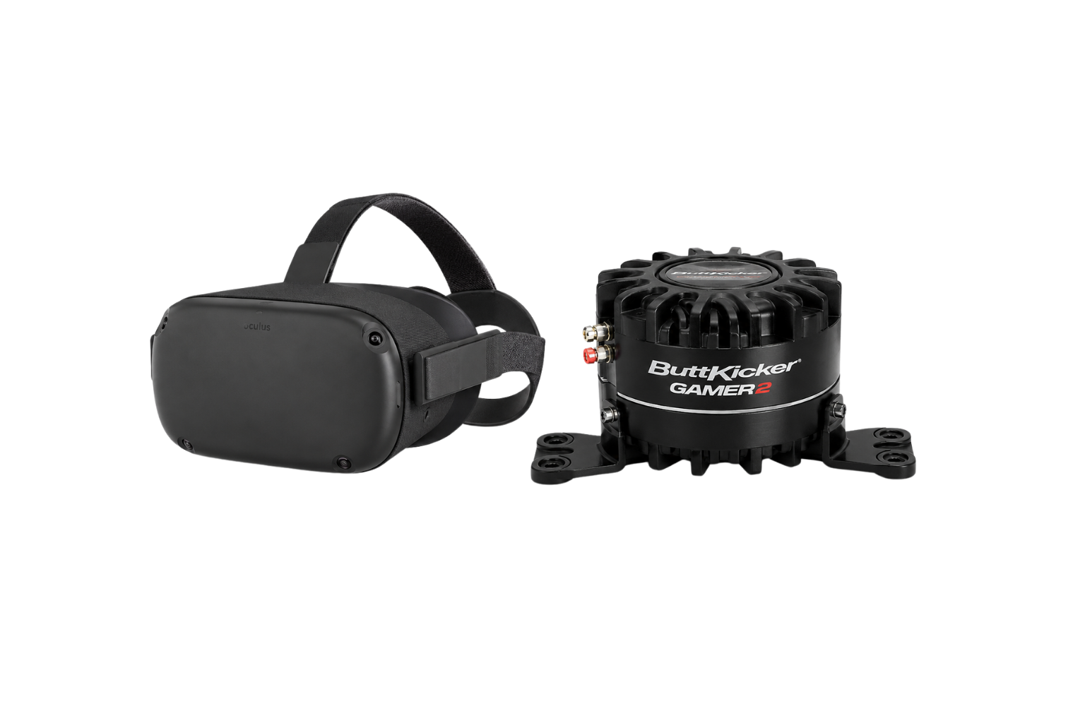 Virtual reality headset, motion platform with a ButtKicker device, and audio equipment laid out on a white background.