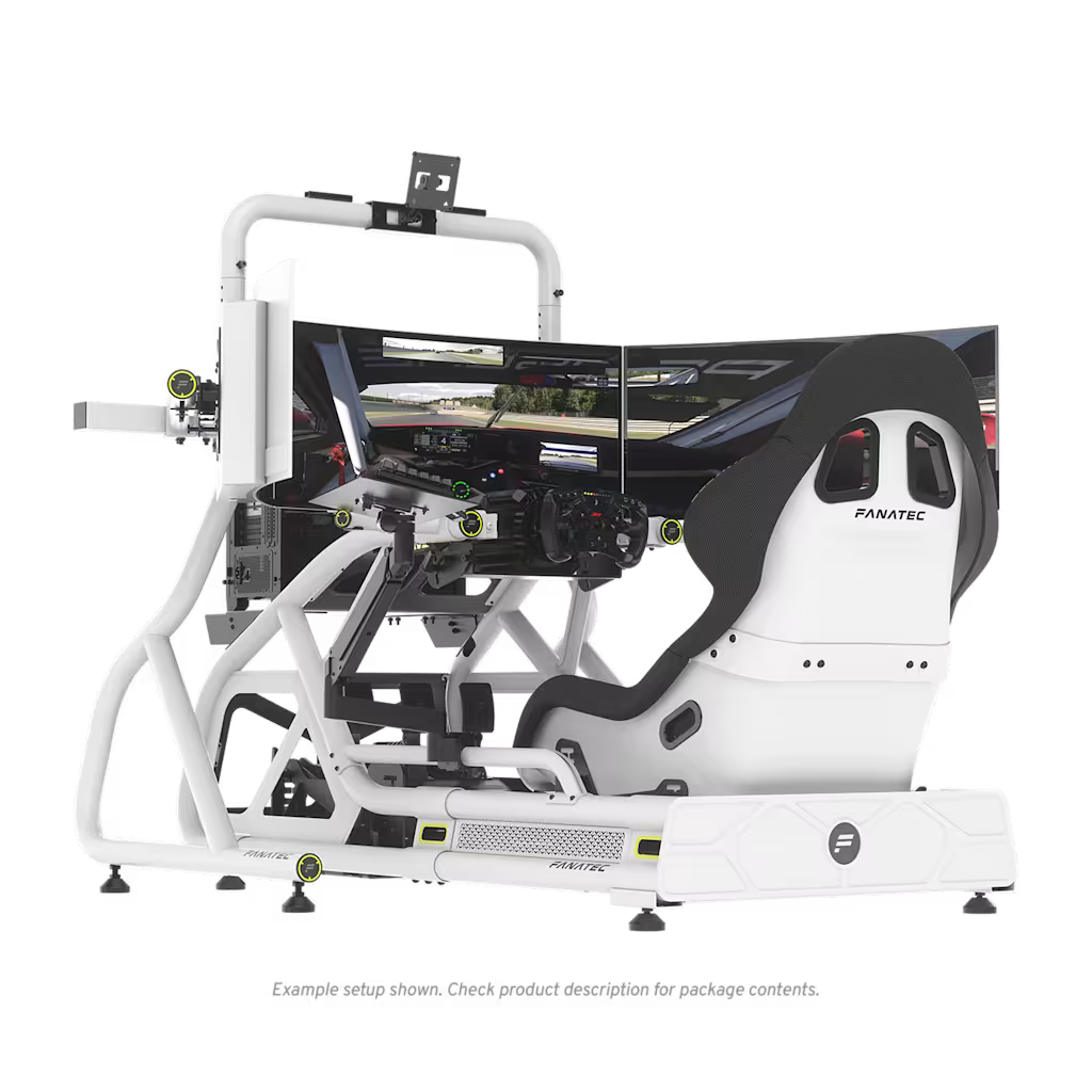 Simulated racing simulator setup with a racing seat, steering wheel, pedals, and three curved screens displaying a race track view.