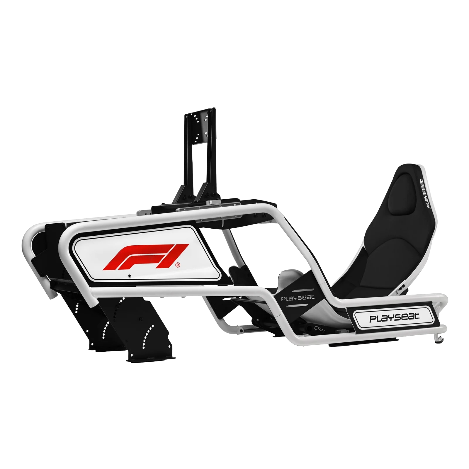 F1-themed racing simulator seat with Playseat branding, black cushioned seat, and vehicle cockpit design on a black background.