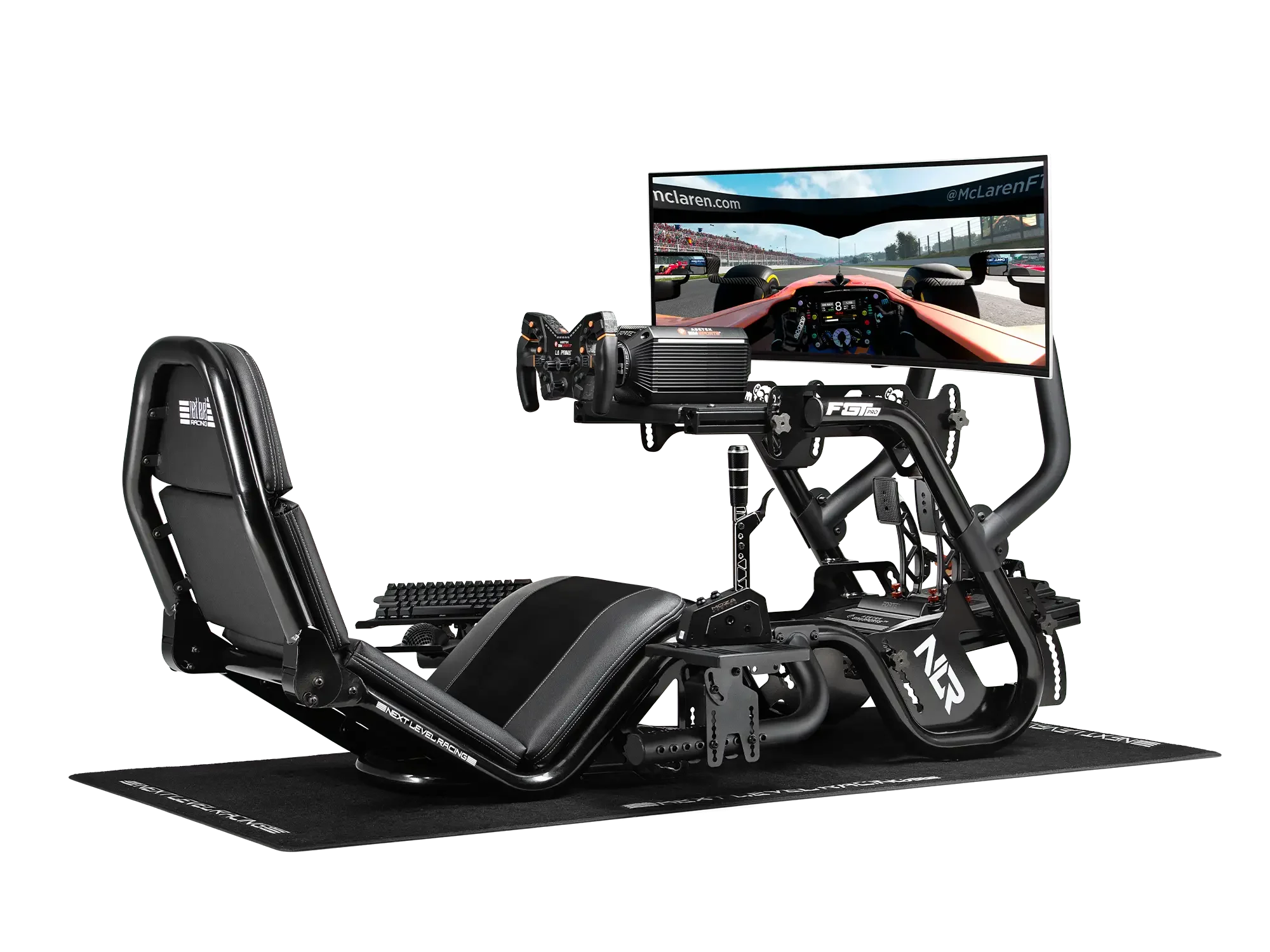 A racing simulator setup with a racing seat, steering wheel, pedals, multiple screens displaying a race car, and other electronic components for immersive racing experience.