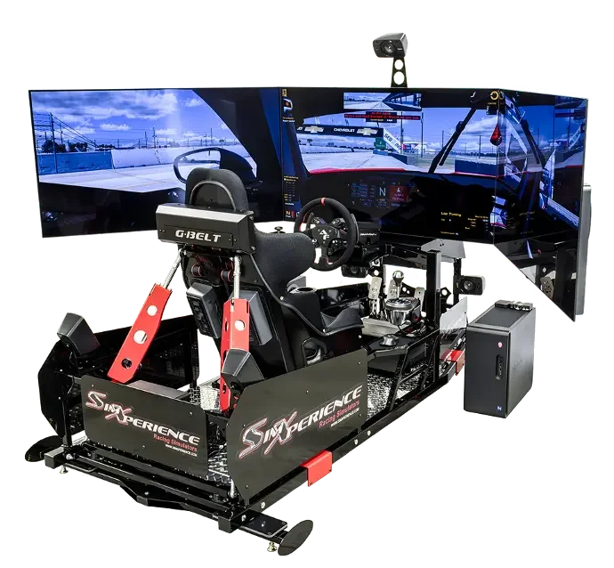 A racing simulator setup with a racing seat, three large curved monitors displaying a racing game, a steering wheel, pedals, and a shifter, all mounted on a black platform with red accents.