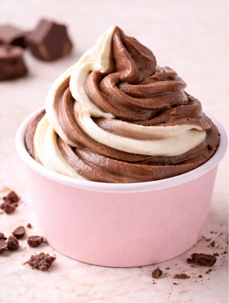 Swirled chocolate and vanilla frozen yogurt in a pink cup, with chocolate chunks scattered around.